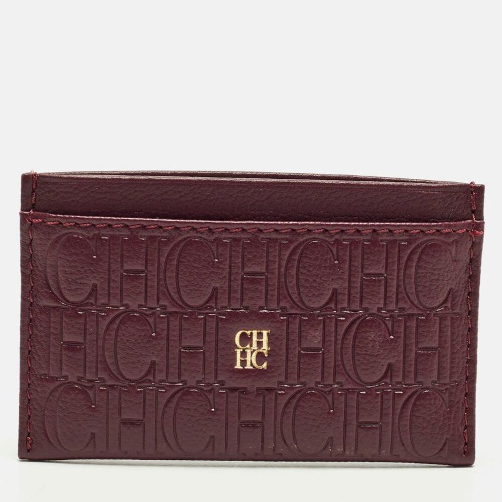 Ch Carolina Herrera Burgundy Monogram Embossed Leather Card Holder